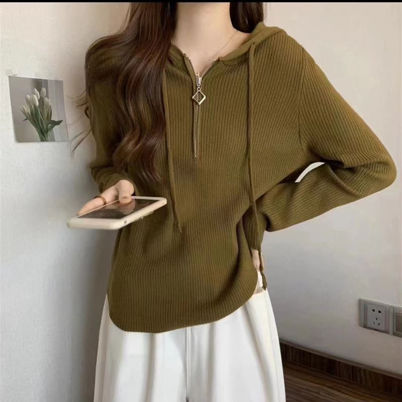 Women Knitted Pullover Spring and Autumn Zipper Hooded Long-Sleeved Sweater