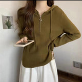 Women Knitted Pullover Spring and Autumn Zipper Hooded Long-Sleeved Sweater