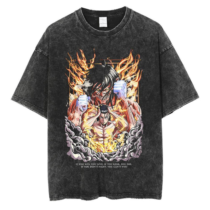 Men Washed T Shirt Black Japanese Anime Graphic Print TShirt