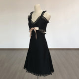 Women Evening Dress V Lace Bow Bandage One-Piece Dress