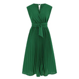Women Date Dress Summer V-neck Pleated Sleeveless Waist Dress