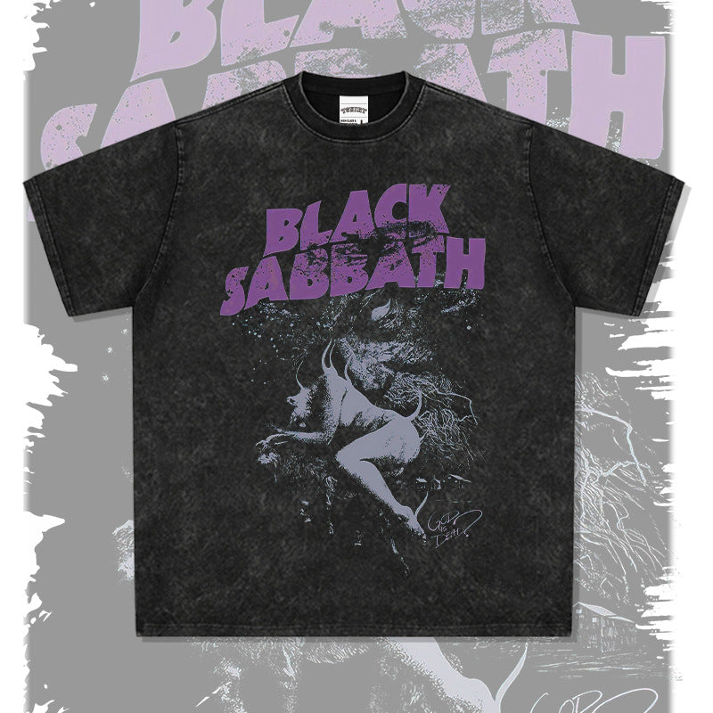 Mens Vintage Rock Band T-Shirt Washed Short Sleeve T-Shirt Crew Neck Band BLACK SABBATH Black Sabbath GOD ISDEAD