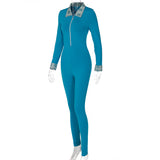 Women Jumpsuit Spring Lapel Zipper Slim Fit Long Sleeve Jumpsuit