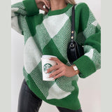 Ladies Leisure Knitwear Half Turtleneck Pullover Sweater Loose Green Diamond Lattice Sweater