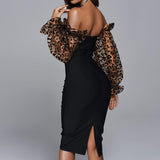 Women Evening Dress Leopard Print Dress Sexy off-the-Shoulder Puff Sleeves Dress