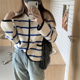 Women Knitwear Autumn and Winter Striped round Neck Sweater Loose Knitted Cardigan