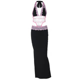 Women Dresse Pink Lace Hollow Sexy Backless Dress
