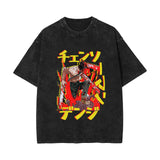Summer chainsaw man, washed old retro cotton short-sleeved T-shirt