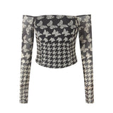 Women Tops Summer Houndstooth Mesh Top Houndstooth Gauze Skirt Suit