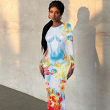 Women Dresses Summer Slim Fit round Neck Long Sleeves Dress