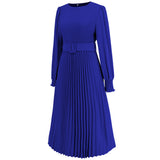 Women Date Dress Fall/Winter Slim Long Sleeve round Neck Pleated Long Dress