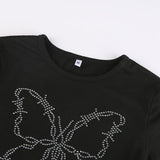 Women T-shirt Vintage Butterfly Rhinestone Knitted Slim round Neck T-shirt