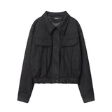 Women Jacket Wrinkle Short Coat Casual Faux Pocket Decorative Solid Color Jacket