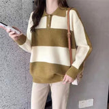 Women Knitwear Autumn Winter Retro Striped Polo Collar Knitwear Loose Casual Sweater
