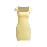 Women Dresses Knitted Square Collar Short Sleeve Dress Sexy Backless Casual Hip Skirt