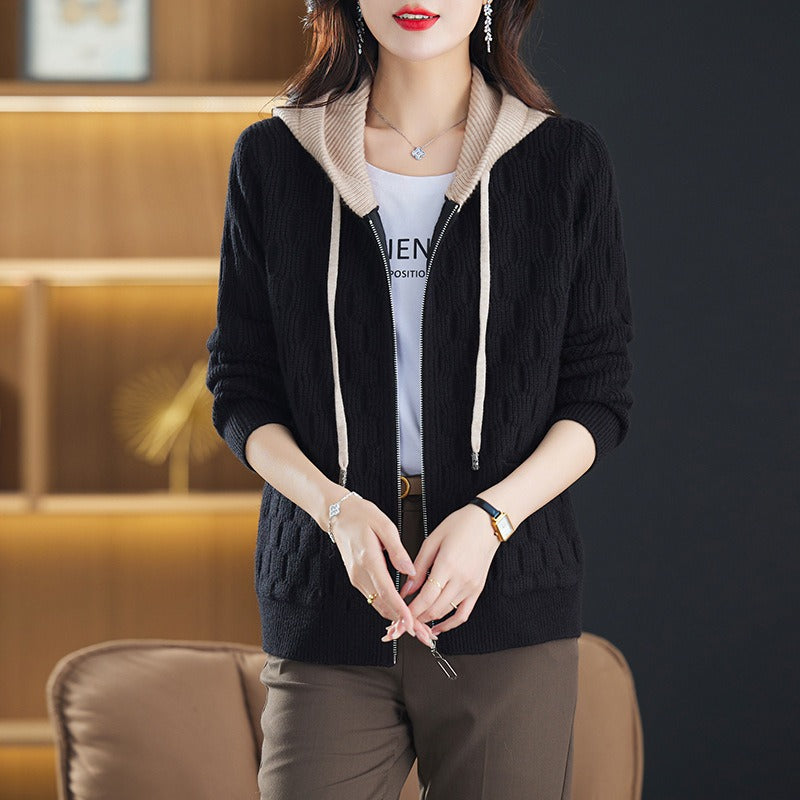 Women Knitwear Fall Winter Hooded Zip Sweater Loose Knitted Cardigan