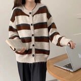 Women Knitwear Autumn and Winter Striped round Neck Sweaters Cardigan