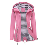 Women's Trench Coat Long-Sleeved Waterproof Mid-Length Trench Coat Women's Hooded Striped Raincoat