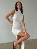 Ladies Leisure Knitwear Turtleneck Sleeveless Knitted Midi Dress Sheath Split Sexy Dress
