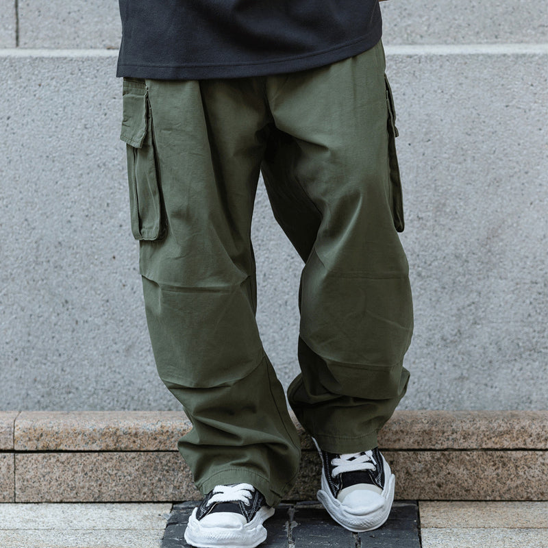 Men Sweatpants Amekaji Solid Color Multi-Pocket Cargo Pants Straight-Leg Trousers