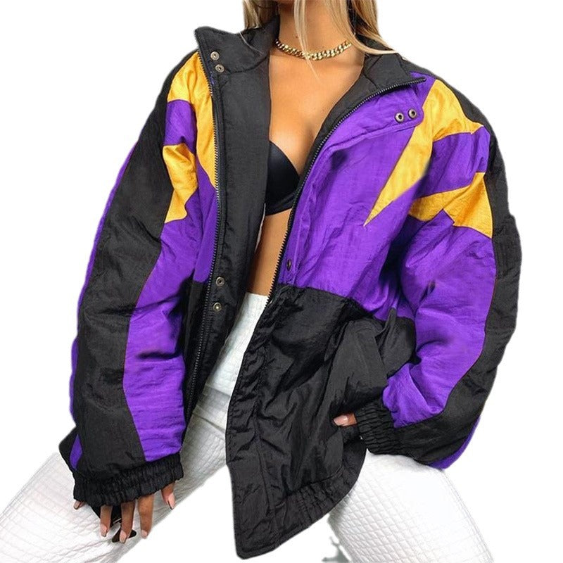 Women Trench Coat Winter Leisure Loose Color Matching Turn-down Collar Coat