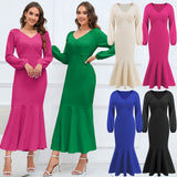 Women Date Dress V-neck Fishtail Skirt Elegant High Waist Evening Long Dress