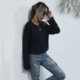 Women Knitted Sweater Autumn and Winter Leisure Ripped Long Sleeves Black Sweater