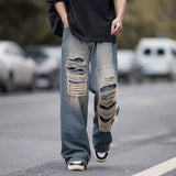 Men Jeans Retro Tattered Jeans Jeans Men's Summer Washed Distressed Loose Wide-Leg Straight Pants