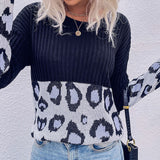 Women Knitted Sweater Autumn Stitching Long Sleeve Leopard-Print Sweater Loose