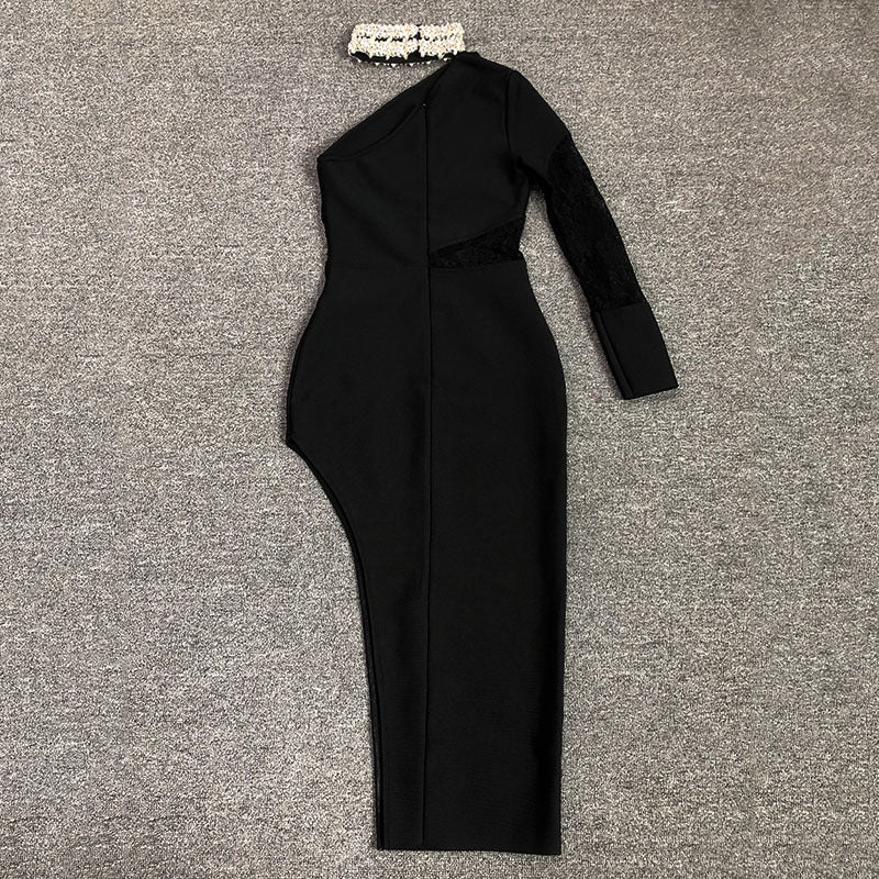 Women's Evening Dress Bandage Dress One Shoulder Lace Slit Dress Long Sleeve Tight Skirt