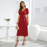 Women Date Dress Summer V-neck Puff Sleeve Lace-up Pleated Dress
