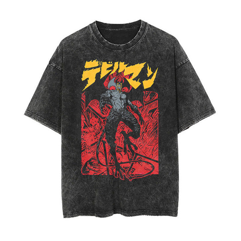 Cotton washed summer retro printed T-shirt men's and women's short sleeves