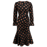 Women Date Dress Autumn and Winter Dress Sexy V-neck Polka Dot Printing Long-Sleeved Fishtail Dress