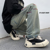 Men Jeans Washed Worn Jeans Men's Autumn and Winter Loose Wide Leg Pants Straight-Leg Pants