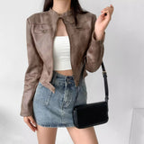 Women Leather Jacket Retro Short Slim-Fitting Biker Jacket Autumn Leather Coat Suede Jacket
