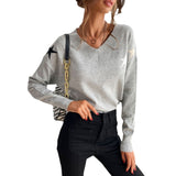 Women Knitted Sweater Fall Gray V-neck Loose Pullover Five-Pointed Star Sweater