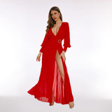 Women Dresses Sexy Slit Lantern Sleeve V-neck Dress Long Dress Evening Dress (Zns0409)