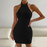 Women Dress Summer New Sexy Backless Stand Collar Sleeveless Sheath Dress