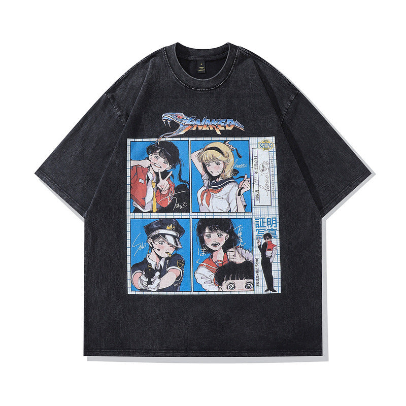 Men's T Shirt Vintage Cartoon Couple Short Sleeve T-shirt Men's and Women's Oversize Washed Distressed Half Sleeve