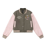 Women Jacket Color Contrast Short Baseball Jacket Stand Collar Embroidery Casual High Waist Jacket