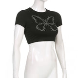Women T-shirt Vintage Butterfly Rhinestone Knitted Slim round Neck T-shirt
