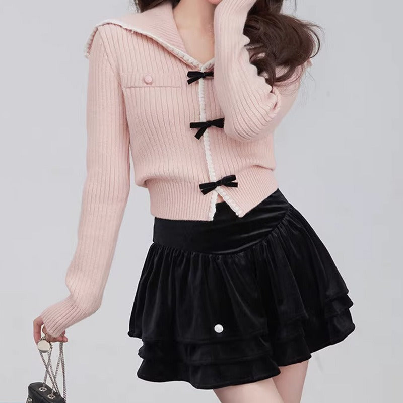 Women Knitted Pullover Bow Long-Sleeved Sweater Spring and Autumn Women's Short Top