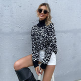 Women Knitted Sweater Long Sleeve Turtleneck Jacquard Black Leopard-Print Sweater