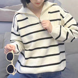 Women Knitwear Autumn and Winter Striped Lapel Zipper Sweater Sweater