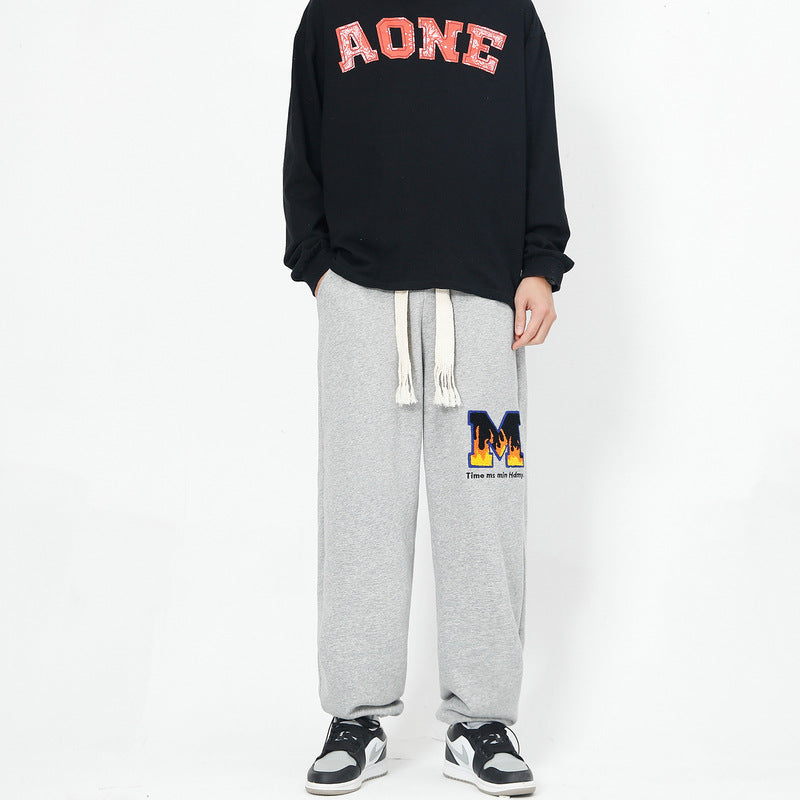 Men Jeans Flame Letter Flocking Embroidered Slacks