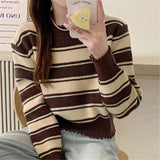 Women Knitted Pullover Loose Striped Coat Knitwear Autumn Sweater O-neck Short Top