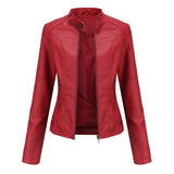 Red Leather Jacket Spring and Autumn Coat Women's Motorcycle Clothing Stand Collar Leather Jacket