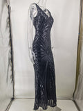 Women Evening Gown Sexy V-neck Vintage Party Sequins Dress