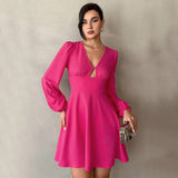 Women Dress Autumn and Winter V-neck Puff Sleeve Mini Dress