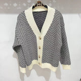 Women Knitted Cardigan Vintage Knitted Cardigan Autumn and Winter Striped Baggy Coat